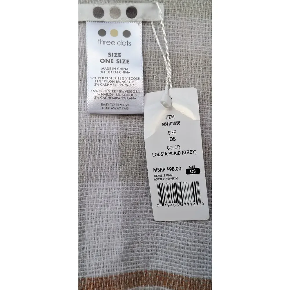 Three Dots Viscose Cashmere Plaid Gray Tan Wrap Shawl Open Poncho O/S $98
